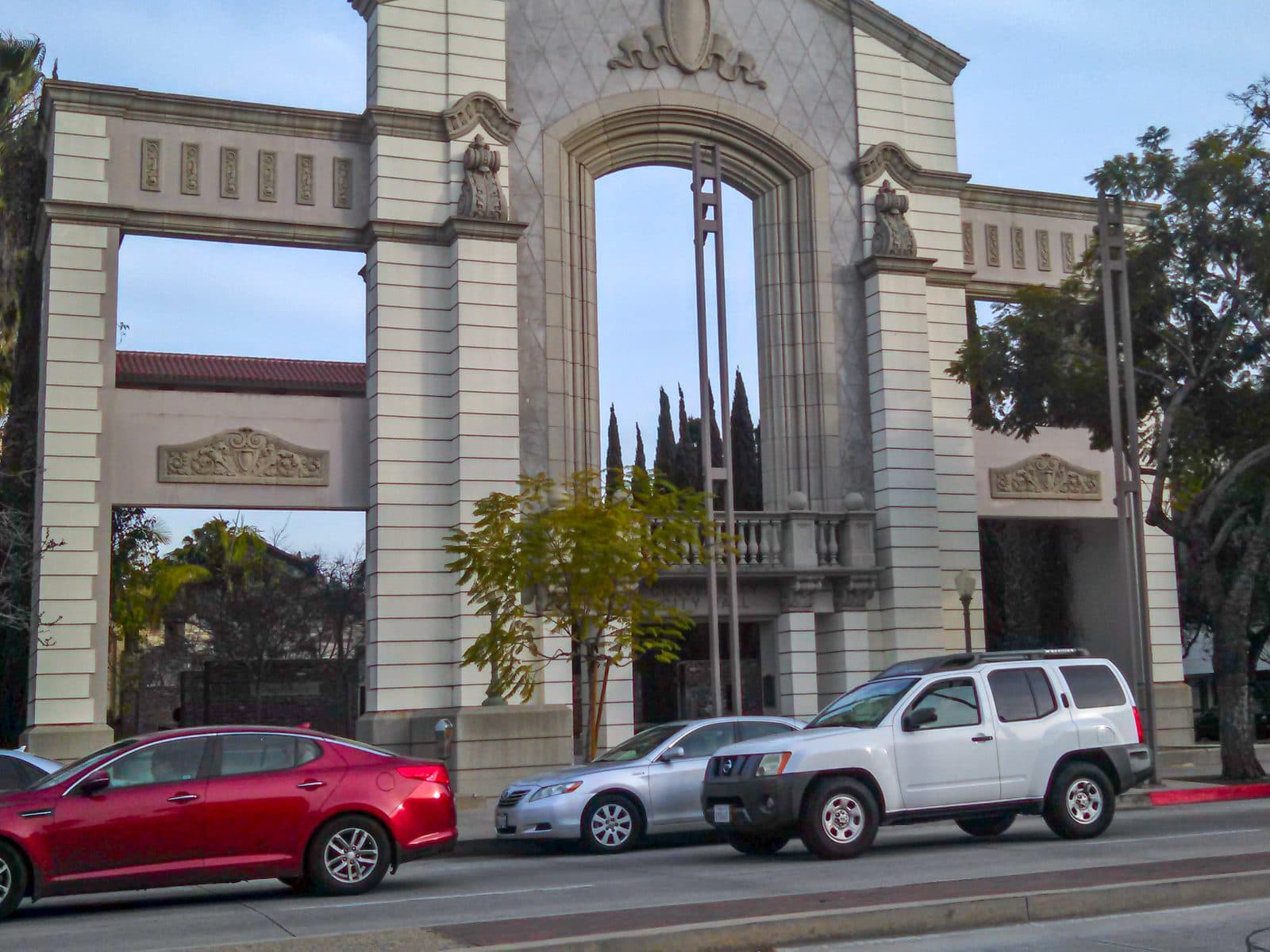 Culver City City Hall's landmark arched entrance on Culver Boulevard in Culver City, California