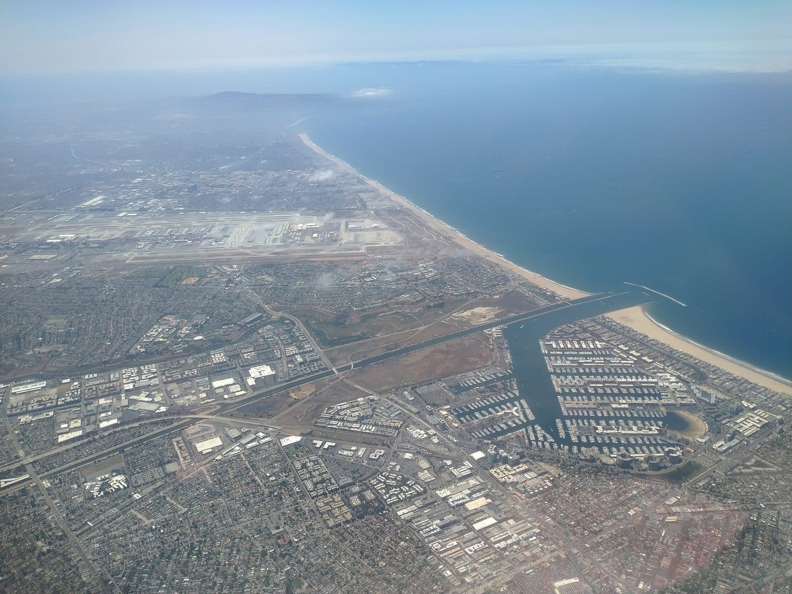 Aerial view of Playa Vista, Ballona Creek and the Marina del Rey coastline on Los Angeles' Westside